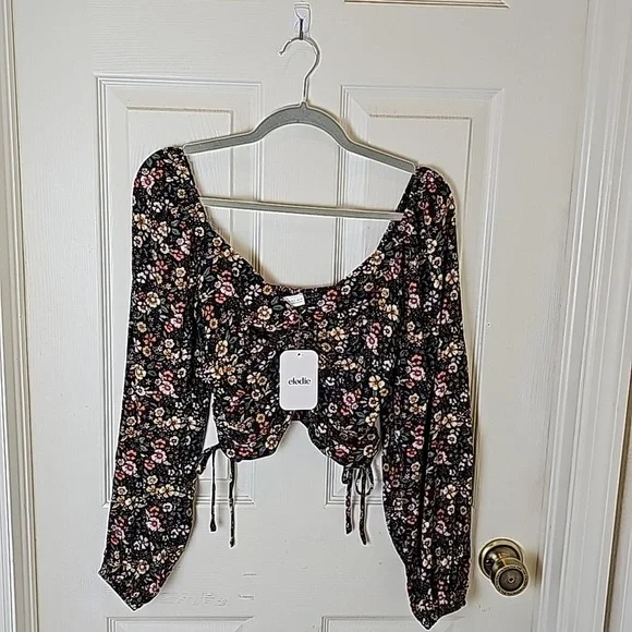 Elodie Floral Black Yellow Pink Elasticized Off Shoulder Rucshed Side Tie Top S - Picture 3 of 13